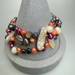 Multicolor Cultured Pearl Beaded Bracelet 6.5" Multi Strand Oil Slick‎ Textured